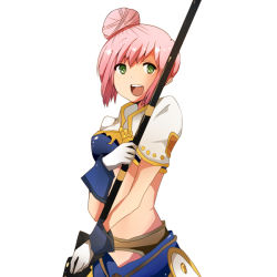 Rule 34 | 00s, 1girl, estellise sidos heurassein, gloves, green eyes, judith (tales), looking at viewer, open mouth, pink hair, polearm, simple background, smile, solo, spear, tales of (series), tales of vesperia, weapon, white background