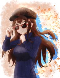 Rule 34 | 1girl, adjusting eyewear, adjusting glasses, alternate costume, black hat, blue sweater, breasts, brown eyes, brown hair, casual, earrings, finger to mouth, hat, highres, hololive, insein, jewelry, looking over eyewear, looking over glasses, medium breasts, ribbed sweater, smile, solo, star (symbol), star earrings, sunglasses, sweater, tinted eyewear, tokino sora, virtual youtuber