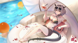 Rule 34 | 1girl, absurdres, afloat, alternate costume, arknights, artist name, bare shoulders, bikini, breasts, character doll, choker, cleavage, commentary request, cup, dragon girl, dragon horns, dragon tail, drinking straw, grey hair, highres, holding, holding cup, holding phone, horns, inflatable raft, large breasts, looking at viewer, lying, material growth, medium hair, navel, njnywy, oripathy lesion (arknights), parted lips, petals, petals on liquid, phone, pillow, pool, reflection, shorts, smile, solo, swimsuit, tail, talulah (arknights)