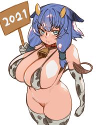 Rule 34 | animal print, bell, bikini, blue hair, bottomless, breasts, chinese zodiac, collar, cow horns, cow print, cow print bikini, cow print bra, cow print gloves, cow print thighhighs, cow tail, gloves, highres, horns, large breasts, neck bell, no panties, original, print bikini, print gloves, print thighhighs, pussy, swimsuit, tail, white background, wifemilkers, year of the ox