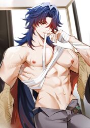 Rule 34 | 1boy, abs, archieloras, bandaged hand, bandages, blade (honkai: star rail), english text, hair over one eye, highres, honkai: star rail, honkai (series), indoors, long hair, male focus, muscular, nipples, pants, parted bangs, parted lips, pectorals, red eyes, scar, solo, sweatdrop, twitter username, upper body
