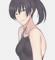 Rule 34 | 1girl, amagami, black eyes, black hair, breasts, buredoruko kou, commentary, competition swimsuit, highres, looking at viewer, medium breasts, one-piece swimsuit, open mouth, ponytail, short hair, simple background, smile, solo, swimsuit, tsukahara hibiki
