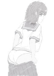 Rule 34 | 1girl, 7 calpis 7, :o, ass, blush, commentary request, dressing, greyscale, hair between eyes, highres, looking at viewer, looking back, monochrome, original, panties, parted lips, pleated skirt, profile, sailor collar, school uniform, serafuku, shirt, short hair, simple background, skirt, solo, underwear, white background
