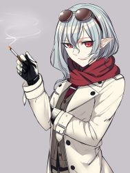 Rule 34 | 1girl, alternate costume, black gloves, blue hair, brown vest, cigarette, coat, crossed arms, earrings, eyewear on head, gloves, grey background, hair between eyes, highres, holding, holding cigarette, jewelry, long sleeves, looking at viewer, medium hair, aged up, parted lips, pointy ears, red eyes, red scarf, red shirt, remilia scarlet, scarf, shirt, shukusuri, simple background, slit pupils, smile, smoke, solo, stud earrings, sunglasses, touhou, upper body, vest, white coat
