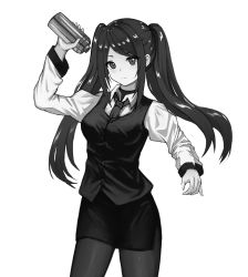 Rule 34 | 1girl, absurdres, aer7o, arm up, bad id, bad pixiv id, barmaid, bartender, closed mouth, commentary request, cowboy shot, greyscale, head tilt, highres, holding, holding shaker, jill stingray, long hair, long sleeves, looking at viewer, miniskirt, monochrome, necktie, pantyhose, shaker, shaking, shirt, sidelocks, simple background, skirt, smile, solo, twintails, va-11 hall-a, waistcoat, white background