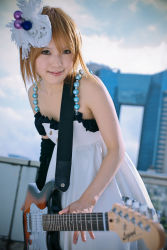 Rule 34 | 1girl, asian, blurry, breasts, brown eyes, brown hair, building, cityscape, cosplay, depth of field, dress, dutch angle, electric guitar, female focus, guitar, highres, hirasawa yui, hirasawa yui (cosplay), instrument, k-on!, kipi-san, leaning forward, looking at viewer, mole, outdoors, photo (medium), short hair, small breasts, solo, white dress, window
