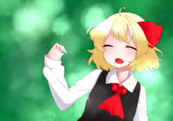 Rule 34 | 1girl, ahoge, ascot, blonde hair, bow, collared shirt, drooling, closed eyes, fang, grass, hair bow, kameyan, lying, open mouth, rumia, shirt, short hair, sleeping, solo, touhou, upper body, vest
