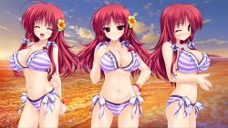 Rule 34 | 1girl, bikini, breasts, fang, large breasts, open mouth, prism recollection!, red eyes, red hair, renjou sayaka, shintarou, striped bikini, striped clothes, swimsuit