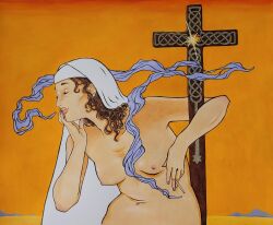 Rule 34 | 1girl, artistic nudity, babbittybabbitt, brown hair, cigarette, cross, curly hair, desert, highres, smoking, topless, wimple