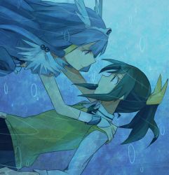 Rule 34 | 10s, 2girls, aoki reika, aoki shizumi, blue hair, cure beauty, eye contact, green hair, hands on shoulders, long hair, looking at another, midorikawa nao, multiple girls, ponytail, precure, school uniform, smile, smile precure!, underwater, wet, wet clothes