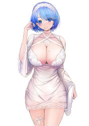 Rule 34 | 1girl, azur lane, blue eyes, breasts, chapayev (azur lane), chapayev (white cavalier&#039;s respite) (azur lane), choker, cleavage, clenched hand, dress, earrings, hairband, hand up, highres, jewelry, lace, lace-trimmed dress, lace hairband, lace trim, large breasts, looking at viewer, mole, mole on breast, nightgown, official alternate costume, sai-go, short hair, simple background, smile, solo, star (symbol), star earrings, thigh strap, white background, white choker, white hairband, white nightgown