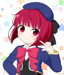 Rule 34 | 1girl, arima kana, beret, black bow, black vest, blue hat, blue jacket, blush, bow, closed mouth, collared shirt, commentary request, dress shirt, hand up, hat, highres, jacket, long sleeves, looking at viewer, mitya, open clothes, open jacket, oshi no ko, pink bow, red eyes, red hair, shirt, short hair, simple background, smile, solo, star (symbol), starry background, twitter username, vest, white background, white shirt