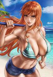 Rule 34 | 1girl, aqua bikini, arm behind head, arm up, artist name, beach, bikini, bikini top only, blue pants, blue sky, breasts, brown eyes, cleavage, cloud, collarbone, cowboy shot, dandon fuga, earrings, female focus, green bikini, groin, highres, holding, holding staff, jewelry, lens flare, long hair, looking at viewer, medium breasts, nami (one piece), navel, ocean, one piece, orange hair, outdoors, pants, parted lips, short shorts, shorts, shoulder tattoo, sky, smile, solo, sparkle, staff, standing, straight hair, striped bikini, striped clothes, swimsuit, tattoo, thighs, underboob, very long hair, water