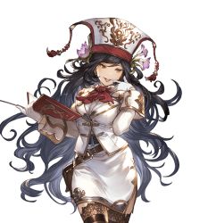 Rule 34 | 10s, 1girl, belt pouch, black hair, black thighhighs, book, breasts, brown eyes, detached sleeves, flower, gloves, granblue fantasy, hair flower, hair ornament, hat, holding, isabella (granblue fantasy), jacket, lipstick, long hair, makeup, medium breasts, minaba hideo, official art, pencil skirt, pouch, skirt, smile, solo, thighhighs, transparent background, very long hair, white gloves, zettai ryouiki