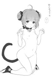 Rule 34 | 1girl, ahoge, bell, blush, breasts, cat tail, cleft of venus, double bun, fake tail, flat chest, greyscale, hair bun, highres, kiikii (kitsukedokoro), monochrome, navel, neck bell, nipples, nude, official alternate costume, open mouth, paw pose, pussy, small breasts, solo, sophie (tales), tail, tales of (series), tales of graces, translation request