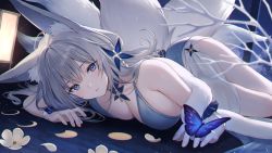 Rule 34 | 1girl, animal ear fluff, animal ears, azur lane, bare shoulders, blue butterfly, blue choker, blue dress, breasts, bug, butterfly, choker, cleavage, cocktail dress, dress, feather boa, flower, fox ears, fox girl, fox tail, grey hair, hair ornament, insect, kitsune, large breasts, large ears, long hair, looking at viewer, lying, multiple tails, off shoulder, on stomach, parted lips, petals, purple eyes, shinano (azur lane), shinano (dreams of the hazy moon) (azur lane), sleeveless, sleeveless dress, solo, spaghetti strap, tail, thighs, tokki, white flower
