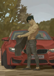 Rule 34 | absurdres, alternate body size, black footwear, black hair, black pants, blue sky, haikyuu!!, highres, kuroo tetsurou, male focus, muscular, muscular male, pants, photo-referenced, red car, simonsuke, sky, sunglasses, tight clothes, tight pants, tree, undressing