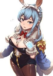 Rule 34 | 10s, 1girl, animal ears, bad id, bad pixiv id, between breasts, blue hair, braid, breast suppress, breasts, brown pantyhose, cleavage, dakunesu, fake animal ears, flying sweatdrops, french braid, gloves, granblue fantasy, highres, large breasts, leotard, long hair, looking at viewer, open mouth, pantyhose, playboy bunny, rabbit ears, simple background, solo, therese (granblue fantasy), vyrn (granblue fantasy), white background, white gloves
