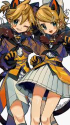 Rule 34 | 1boy, 1girl, absurdres, animal ears, aqua eyes, bell, belt collar, bishounen, blonde hair, blue eyes, brother and sister, collar, dress, fake animal ears, hair ornament, hairclip, hashiwo, highres, kagamine len, kagamine rin, looking at viewer, magical mirai len, magical mirai rin, one eye closed, open mouth, ribbon, short hair, shorts, siblings, smile, twins, vocaloid, white background