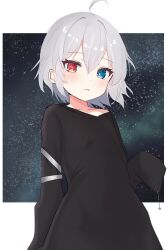 Rule 34 | 1girl, :3, ahoge, arm strap, black cloak, blue eyes, blush, border, bright pupils, chain, cloak, commentary, dot nose, english commentary, fang, fang out, flat chest, grey hair, hair between eyes, heterochromia, highres, indie virtual youtuber, liman art, looking at viewer, mismatched pupils, nisha (vtuber), outside border, red eyes, short hair, sky, sleeves past fingers, sleeves past wrists, star-shaped pupils, star (sky), star (symbol), starry background, starry sky, symbol-shaped pupils, virtual youtuber, white border, white pupils