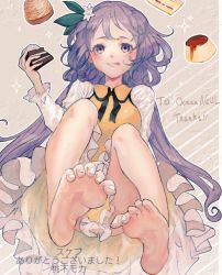 Rule 34 | 1girl, barefoot, blush, brown dress, cake, closed mouth, commission, dress, feet, flower, food, foot focus, hair flower, hair ornament, holding, holding food, long hair, long sleeves, mochacot, pudding, purple eyes, purple hair, shirt, skeb commission, smile, soles, solo, toenails, toes, tongue, tongue out, touhou, tsukumo benben, white flower, white shirt