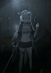 Rule 34 | 1girl, absurdres, animal ear fluff, animal ears, arknights, bandeau, black footwear, black jacket, black nails, black shorts, boots, breasts, chihuri, closed mouth, commentary request, feet out of frame, fingerless gloves, gloves, grey gloves, hair ornament, hairclip, hand up, highres, holding, holding sword, holding weapon, jacket, lappland (arknights), looking at viewer, material growth, nail polish, navel, open clothes, open jacket, originium (arknights), oripathy lesion (arknights), red pupils, scar, scar across eye, scar on face, short shorts, shorts, small breasts, smile, solo, standing, sword, trash bag, weapon, white eyes, white hair