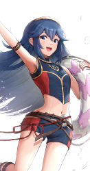 Rule 34 | 1girl, absurdres, armpits, bikini, blue bikini, blue eyes, blue hair, fire emblem, fire emblem awakening, fire emblem cipher, flat chest, gluteal fold, gonzarez, highres, innertube, jumping, long hair, looking at viewer, lucina (fire emblem), navel, nintendo, official alternate costume, one eye closed, open mouth, shorts, simple background, smile, solo, swim ring, swimsuit, symbol-shaped pupils, thighhighs, thighs, tiara, water, white background