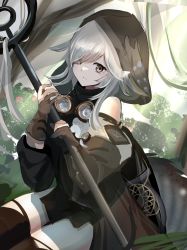 Rule 34 | 1girl, absurdres, arknights, bad id, bad pixiv id, bare shoulders, black dress, black thighhighs, brown eyes, brown gloves, closed mouth, crocodilian tail, dress, eyes visible through hair, gloves, grey hair, hair over one eye, highres, holding, holding staff, hood, hood up, long hair, long sleeves, looking at viewer, partially fingerless gloves, puffy long sleeves, puffy sleeves, sitting, staff, tail, thighhighs, tokiwa shirube, tomimi (arknights)