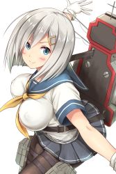 Rule 34 | 10s, 1girl, antennae, backpack, bag, between breasts, blue eyes, blue skirt, blush, bouncing breasts, breasts, brown pantyhose, buttons, closed mouth, covered erect nipples, cowboy shot, gloves, hair ornament, hairclip, hamakaze (kancolle), highres, holding, holding behind back, holster, ichikawa feesu, kantai collection, large breasts, miniskirt, neckerchief, outstretched arms, over shoulder, pantyhose, pleated skirt, running, sailor collar, school uniform, serafuku, short hair, skirt, smile, solo, strap between breasts, thigh holster, thigh strap, white gloves, yellow neckerchief