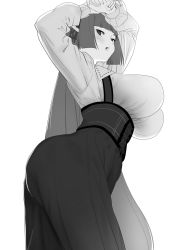 Rule 34 | 1girl, ass, blunt bangs, blush, breasts, corset, curvy, dress, from below, greyscale, highres, huge ass, large breasts, long hair, looking at viewer, momoko (shoutao), monochrome, open mouth, original, shoutao, solo, very long hair, white background