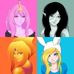 Rule 34 | 4girls, adventure time, animal ears, backpack, bag, bare shoulders, bite mark, black hair, blonde hair, blue background, blue eyes, collarbone, fang, fang out, fionna campbell, fire, flame princess, forehead jewel, grey background, grey eyes, hair over one eye, highres, kawa-v, light smile, lips, long hair, looking at viewer, looking back, marceline abadeer, multiple girls, orange background, orange eyes, orange hair, parted lips, pink background, pink eyes, pink hair, pointy ears, portrait, princess bonnibel bubblegum, split screen, tiara