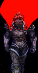 Rule 34 | 1boy, abs, absurdres, armor, black background, cape, commentary request, dark-skinned male, dark skin, feet out of frame, full body, ganondorf, gerudo, grin, highres, looking at viewer, male focus, nintendo, red cape, red eyes, red hair, short hair, shoulder armor, simple background, smile, solo, teeth, the legend of zelda, the legend of zelda: ocarina of time, walking, yuuri (fukuroudou)