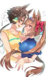 Rule 34 | 2girls, :t, animal ears, bare shoulders, blue dress, blush, breasts, brown hair, closed mouth, collarbone, commentary request, cropped torso, daiwa scarlet (umamusume), dress, eye contact, hair intakes, hand on another&#039;s chin, highres, holding another&#039;s wrist, horse ears, large breasts, long hair, looking at another, multiple girls, open mouth, poco., ponytail, puff of air, red eyes, shirt, signature, simple background, sleeveless, sleeveless dress, sleeves rolled up, sweat, tearing up, teeth, thought bubble, tiara, translation request, turtleneck, turtleneck dress, twintails, umamusume, upper body, upper teeth only, vodka (umamusume), white background, yellow eyes, yellow shirt, yuri