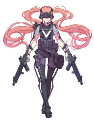 Rule 34 | 1girl, absurdres, black footwear, black pantyhose, black shorts, black soldier, brown hair, commentary request, crossed legs, dual wielding, facing viewer, finger on trigger, floating hair, full body, grey jacket, gun, head-mounted display, headset, highres, holding, holding gun, holding weapon, jacket, long hair, military, original, pantyhose, parted lips, short shorts, short sleeves, shorts, sidelocks, simple background, solo, standing, twintails, very long hair, watson cross, weapon, weapon request, white background