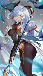 Rule 34 | 1girl, ass, black gloves, blue eyes, blush, bodysuit, braid, breasts, calamity queller (genshin impact), clothing cutout, elbow gloves, genshin impact, gloves, hair ornament, hair over one eye, highres, hip vent, large breasts, long hair, long sleeves, looking at viewer, low-braided long hair, low-tied long hair, nima (niru54), parted lips, partially fingerless gloves, polearm, puffy long sleeves, puffy sleeves, shenhe (genshin impact), shoulder cutout, solo, spear, tabard, tassel, thighs, very long hair, weapon, white hair