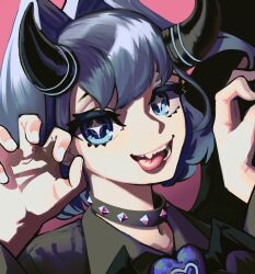 Rule 34 | 1girl, absurdres, black suit, blue eyes, blue hair, brooch, claw pose, collar, demon horns, fangs, formal, hands up, heart, heart brooch, highres, hololive, hololive english, horns, jewelry, looking at viewer, open mouth, ouro kronii, pink background, pungson mori, short hair, star-shaped pupils, star (symbol), studded collar, suit, symbol-shaped pupils, tongue, tongue out, virtual youtuber