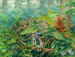Rule 34 | 2boys, 2girls, child, efira, forest, leaf umbrella, multiple boys, multiple girls, mushroom, nature, scenery, traditional media