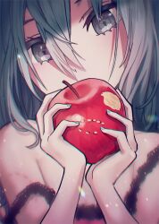 Rule 34 | 1girl, apple, aqua eyes, aqua hair, aqua nails, bare shoulders, bite mark, camisole, collarbone, food, fruit, hair between eyes, hair down, hatsune miku, highres, holding, holding food, holding fruit, ille (xcpa7325), lace-trimmed camisole, lace trim, long hair, messy hair, pink camisole, red apple, romeo to cinderella (vocaloid), solo, strap slip, vocaloid, when you see it