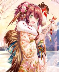 Rule 34 | 1girl, 2017, :d, animal, animal on shoulder, aqua bow, arrow (projectile), bell, bird, blurry, blush, bow, brown hair, charm (object), chicken, chinese zodiac, cowboy shot, depth of field, floral print, fur collar, green eyes, hair between eyes, hamaya, happy new year, holding, holding arrow, japanese clothes, jingle bell, kimono, large bow, long hair, looking at viewer, new year, on shoulder, open mouth, original, outdoors, rooster, smile, solo, year of the rooster, yuya (night lily)