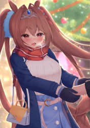 Rule 34 | 1boy, 1girl, :d, absurdres, animal ears, bag, black gloves, blue coat, blue skirt, blush, breasts, breath, brown hair, christmas, christmas ornaments, christmas tree, coat, commentary request, daiwa scarlet (umamusume), fang, gloves, hair between eyes, hair intakes, highres, holding hands, horse ears, horse girl, horse tail, jacket, long hair, medium breasts, open clothes, open coat, open jacket, open mouth, out of frame, plaid, plaid scarf, red eyes, red scarf, ribbed sweater, roido (taniko-t-1218), scarf, shoulder bag, skirt, smile, solo focus, sweater, tail, tiara, twintails, umamusume, very long hair, white sweater