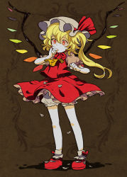 Rule 34 | 1girl, ascot, blonde hair, blood, bloomers, child, dress, embodiment of scarlet devil, feathers, female focus, flandre scarlet, hat, long hair, mary janes, mattie, red dress, red eyes, shoes, side ponytail, socks, solo, standing, thumb sucking, touhou, underwear, white socks, wings