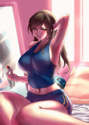 Rule 34 | 1girl, absurdres, alternate hairstyle, arm behind head, arm up, armpits, bare shoulders, beads, bed, bed sheet, blue shorts, breasts, brown eyes, brown hair, collarbone, covered navel, drone, fingernails, gzy, hair down, hair ornament, hair stick, highres, holding, large breasts, long fingernails, long hair, looking at viewer, machinery, mei (overwatch), mirror, navel, on bed, overwatch, overwatch 1, parted lips, pillow, pink lips, robot, shirt, short shorts, shorts, sitting, sleeveless, sleeveless shirt, snowball (overwatch), solo, swept bangs, tank top, yokozuwari