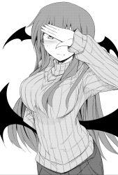 Rule 34 | 1girl, alternate costume, arm behind back, arm up, bat wings, blush, breasts, chata maru (irori sabou), contemporary, covering face, greyscale, head wings, highres, koakuma, large breasts, long hair, looking at viewer, low wings, monochrome, pants, ribbed sweater, simple background, solo, sweater, touhou, very long hair, white background, wings