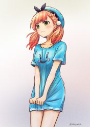 Rule 34 | 1girl, absurdres, asayama, atelier (series), atelier escha &amp; logy, bad id, bad pixiv id, beret, blue headwear, blue shirt, character print, closed mouth, collarbone, commentary request, dogoo, escha malier, frown, gradient background, green eyes, hat, highres, pink hair, shirt, shirt tug, short sleeves, standing, twintails, twitter username