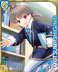 Rule 34 | 1girl, blazer, blue jacket, blue necktie, bookcase, brown hair, card (medium), crossdressing, day, falling, girlfriend (kari), indoors, jacket, library, looking at viewer, necktie, official art, open mouth, pants, qp:flapper, red eyes, school, school uniform, shigino mutsumi, short twintails, silver hair, socks, solo, twintails, white pants