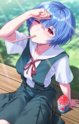 Rule 34 | 1girl, absurdres, aqua skirt, arm at side, arm support, ayanami rei, bench, blue hair, bow, bowtie, breasts, clenched hand, collarbone, collared shirt, commentary, cup, dappled sunlight, disposable cup, dress shirt, drinking straw, drinking straw in mouth, food, grass, hand on own head, headache, highres, hot, light blush, light rays, looking up, loose hair strand, medium breasts, narrowed eyes, neck ribbon, neon genesis evangelion, on bench, one eye closed, park bench, red bow, red bowtie, red eyes, red ribbon, ribbon, school uniform, shading eyes, shaved ice, shirt, short hair, sitting, skirt, solo, sunbeam, sunlight, suspender skirt, suspenders, sweat, tokyo-3 middle school uniform, translated, very sweaty, white shirt, yahha