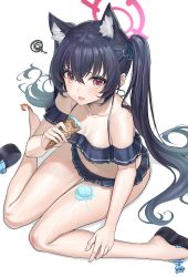 Rule 34 | 1girl, absurdres, animal ear fluff, animal ears, barefoot, bikini, bikini skirt, black bikini, black hair, blue archive, blush, breasts, cleavage, collarbone, crab, food, food on body, food on clothes, food on legs, frilled bikini, frills, full body, gradient eyes, halo, highres, ice cream, ice cream cone, legs, long hair, looking at viewer, multicolored eyes, navel, off-shoulder bikini, off shoulder, open mouth, platform footwear, sandals, unworn sandals, serika (blue archive), serika (swimsuit) (blue archive), simple background, sitting, solo, swimsuit, thighs, twintails, wariza, white background, xubai