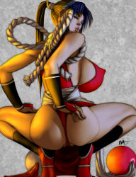 Rule 34 | 1girl, ass, backboob, bad id, bad pixiv id, bare shoulders, breasts, brown eyes, brown hair, covered erect nipples, fatal fury, huge breasts, japanese clothes, legs, long hair, looking back, nipples, panties, pelvic curtain, ponytail, revealing clothes, rope, shiranui mai, sideboob, solo, spread legs, squatting, the king of fighters, thighs, underwear, wakino keibun