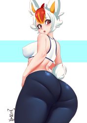 Rule 34 | 1girl, animal ears, ass, bare shoulders, blush, breasts, buruma, cameltoe, cinderace, creatures (company), from behind, game freak, gen 8 pokemon, highres, huge ass, large breasts, looking at viewer, looking back, looking down, multicolored hair, nintendo, open mouth, pants, personification, pokemon, pokemon (creature), red eyes, red hair, shiny clothes, shiny skin, short hair, sideboob, silver hair, solo, sports bra, standing, tail, thick thighs, thighs, tiger1001, yoga pants