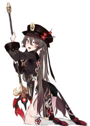 Rule 34 | 1girl, black hat, black shorts, brown hair, commentary, flower, flower-shaped pupils, genshin impact, hair between eyes, hat, hat flower, holding, holding polearm, holding weapon, hu tao (genshin impact), kneeling, long hair, long sleeves, looking at viewer, open mouth, pinch (nesume), plum blossoms, polearm, red eyes, red flower, short shorts, shorts, simple background, socks, solo, spear, staff of homa (genshin impact), symbol-only commentary, symbol-shaped pupils, twintails, very long hair, vision (genshin impact), weapon, white background, white socks